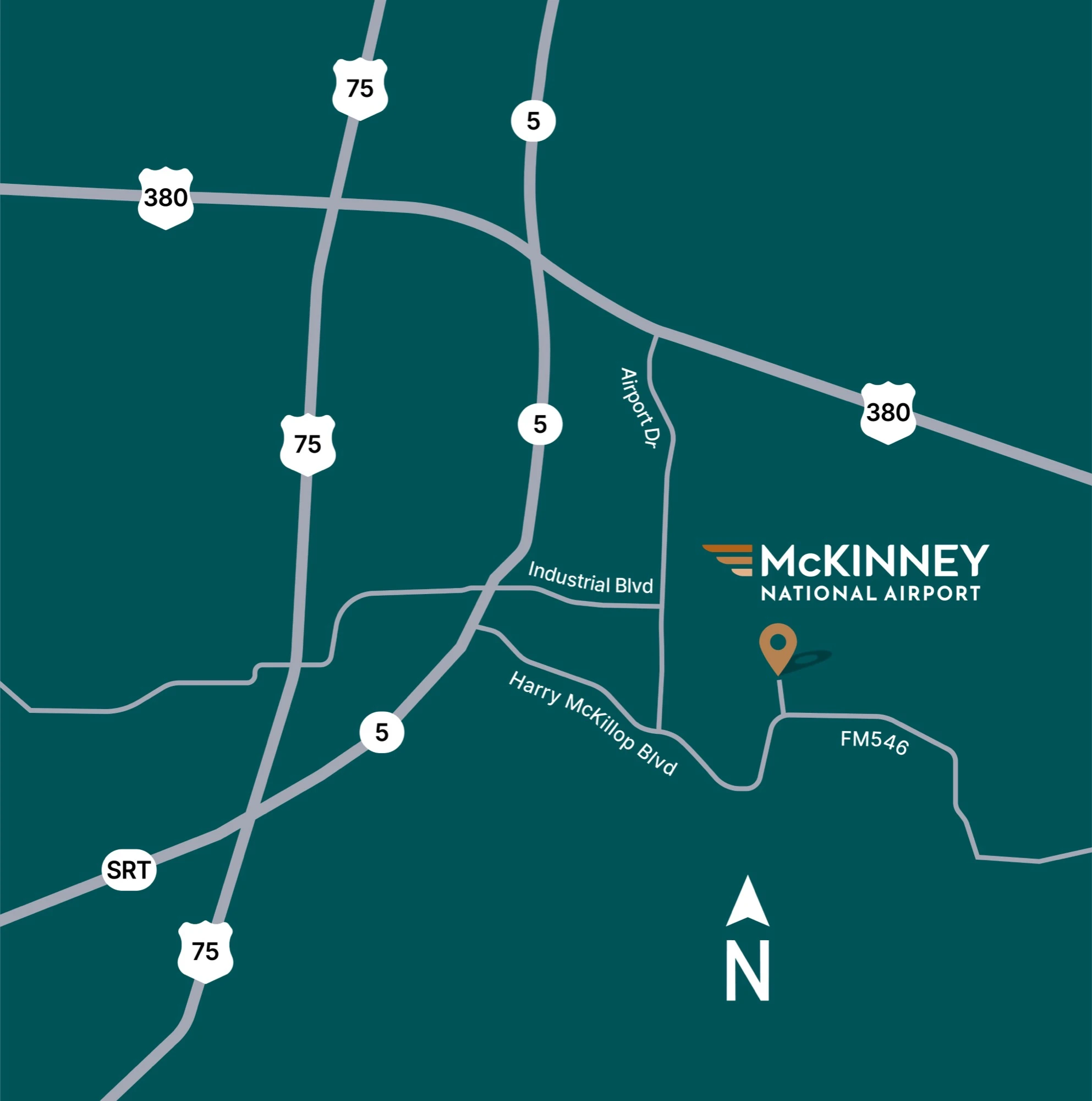 A locator map showing McKinney National Airport east of US 75 and State Highway 5, reached from US 380 and Harry McKillop Boulevard via FM 546.