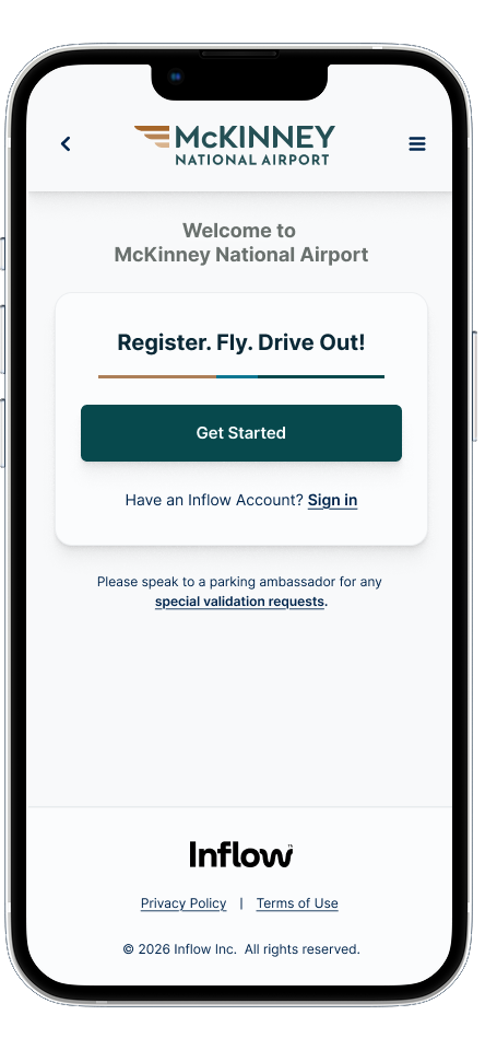 A phone showing the Inflow parking app with the prompt to register, fly and drive out.