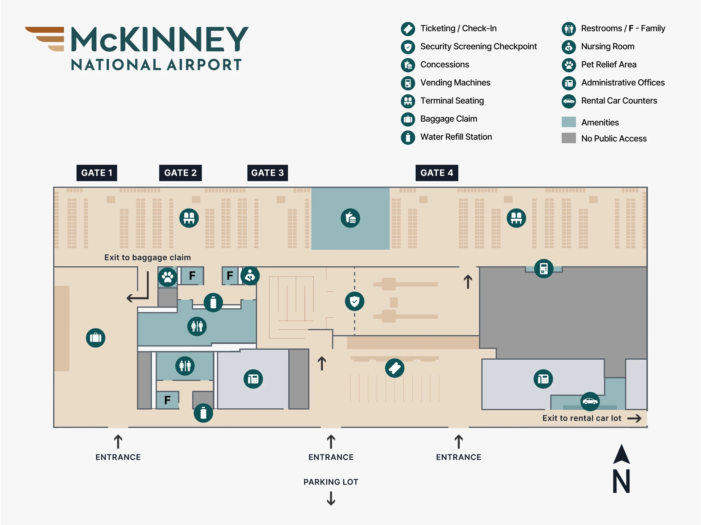 Terminal map of McKinney National Airport. A single-level terminal with four gates along the north side, Gates 1 to 4 from west to east, and three entrances on the south side from the parking lot. Shows ticketing and check-in, the security screening checkpoint, concessions, vending machines, terminal seating, baggage claim, water refill stations, restrooms including family restrooms, a nursing room, a pet relief area, administrative offices and rental car counters. A text description is in the PDF version.