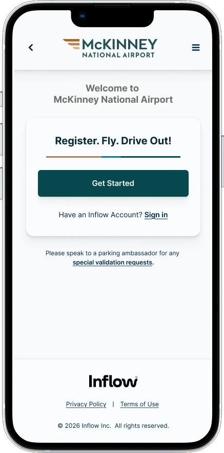 The welcome screen of the McKinney National Airport parking registration, with a Get Started button and a sign-in link for Inflow account holders.