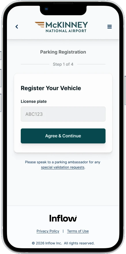 The Register Your Vehicle screen, with a license plate field and an Agree and Continue button.