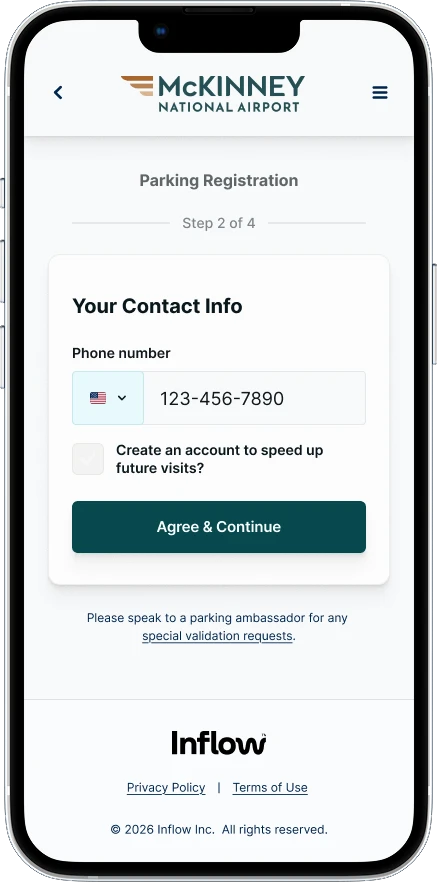 The Your Contact Info screen, with a phone number field and an option to create an account to speed up future visits.