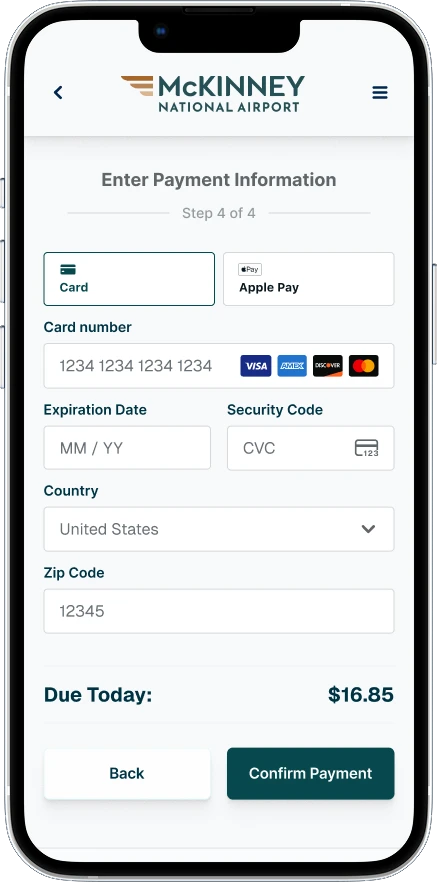 The Enter Payment Information screen, with card or Apple Pay, card details, and a Confirm Payment button.