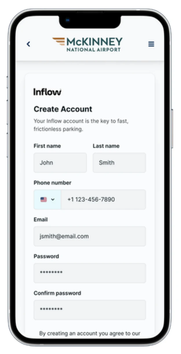The Inflow Create Account screen on a phone, asking for name, phone number, email and a password.
